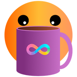 Emoji face with eyes averting contact and focusing on the giant mug of something in front of it. There's a rainbow infinity sign on the mug