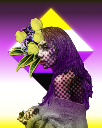 Digital collage of flowers and a woman, with the colours of the non-binary flag dominating it.