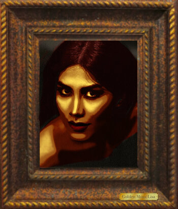 A vintage, worn frame surrounds a woman with a intense look. Her power is accentuated by the golden sheen of her skin.