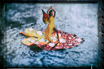 A fairy dancing on a leaf in the rain. As she's enjoying her dance, the leaf is floating in a stream.