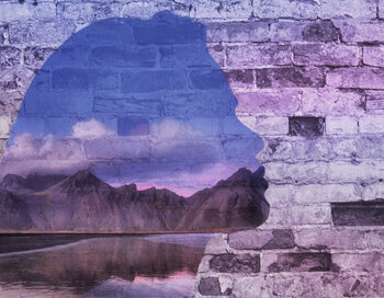 A brick wall in pinks and purples, with the silhouette of a woman's head showing the ocean.