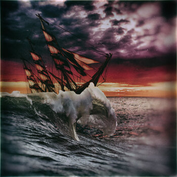 A strange ocean with dark clouds and bright reds and oranges. An old ship is being pulled out of the ocean on a wave.