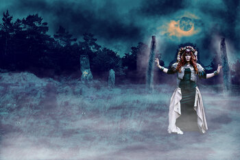 Based on a photo from Greby burial field, this shows an eerie night and a woman standing between worlds.