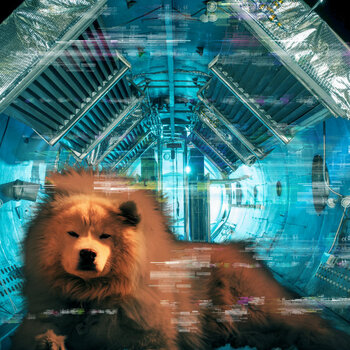 A masssive golden brown dog with an inner light is laying in a teal, high-tech tunnel. There's static in the image.