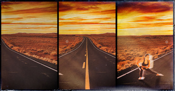 A triptych of a desert landscape at twilight, with the right-most panel having a stretching woman moving fast enough to leave a trail of after-images.