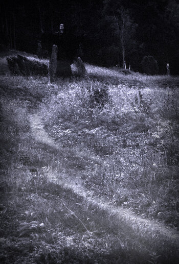 A haunted, silvery field with a gleaming path drawing you forward. In the background a woman casting a spell by standing stones.